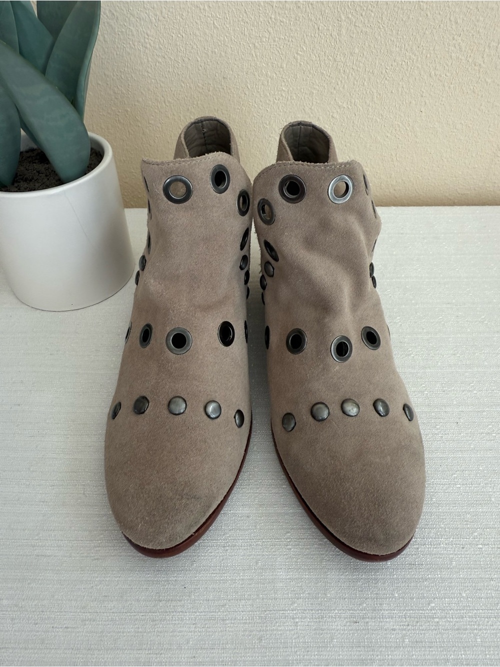 Sam Edelman Suede Ankle Booties with Studd Grommet Detail in Taupe - Picture 2 of 14